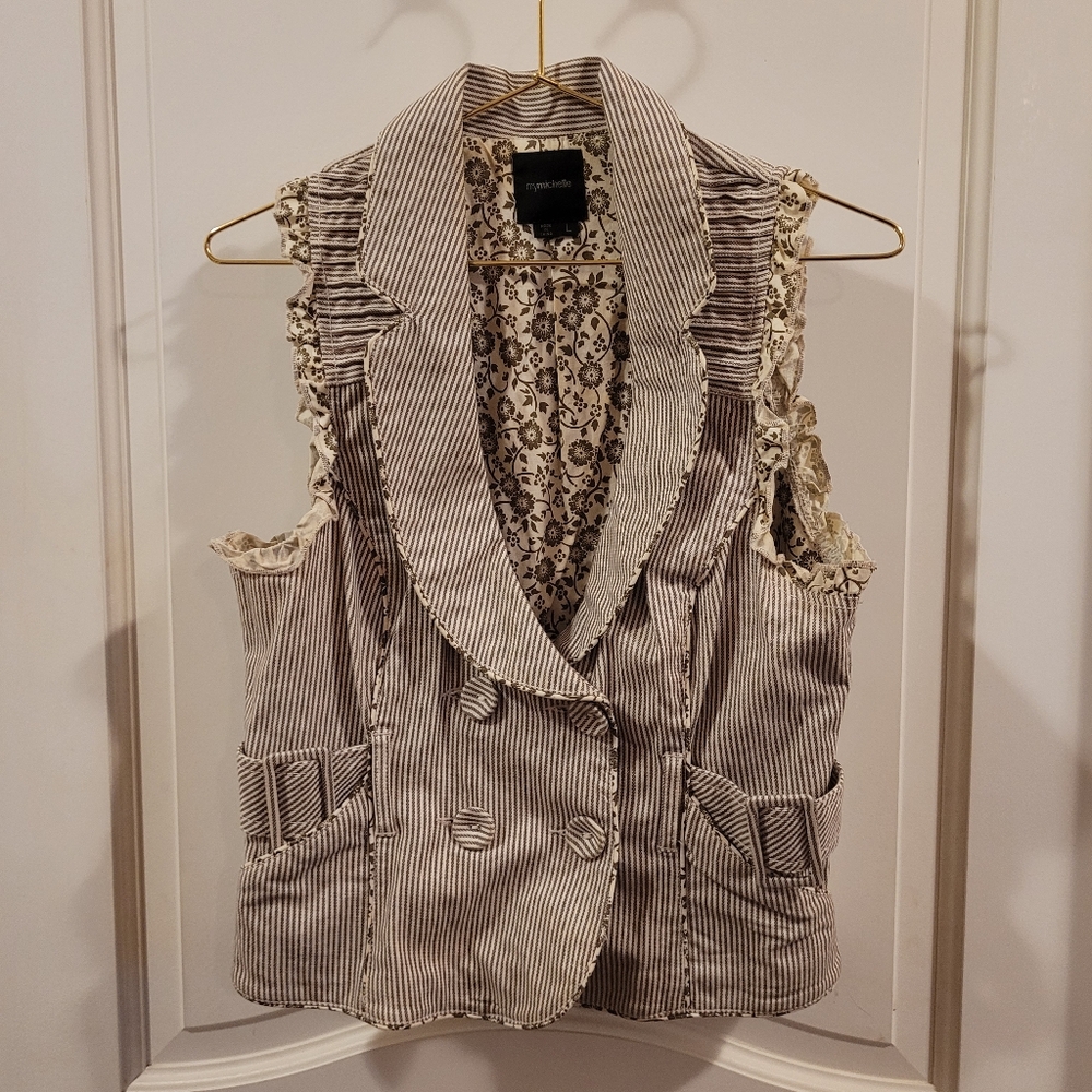 Vintage My Michelle Ruffled Vest with Belt, Taupe and White Stripes, Size L